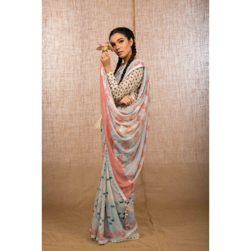 Powder Blue Tropical Pichwai Sari - WIIAKALICO SS02 - View 3