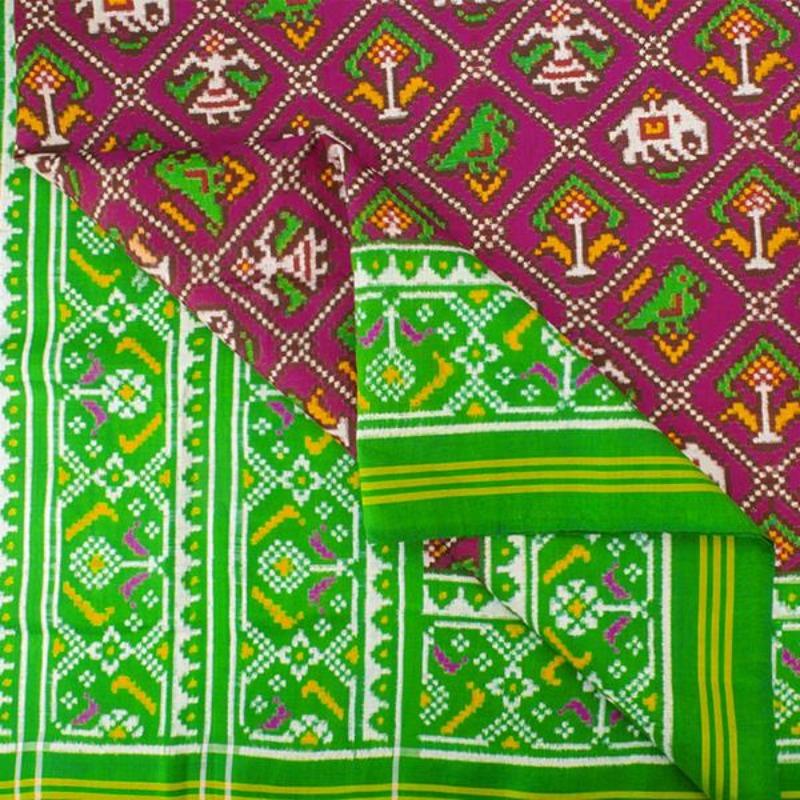 HANDWOVEN GREEN AND PINK 4 FIGURE DOUBLE IKAT PATAN PATOLA SILK SARI-WIITNKP025- Fabric View