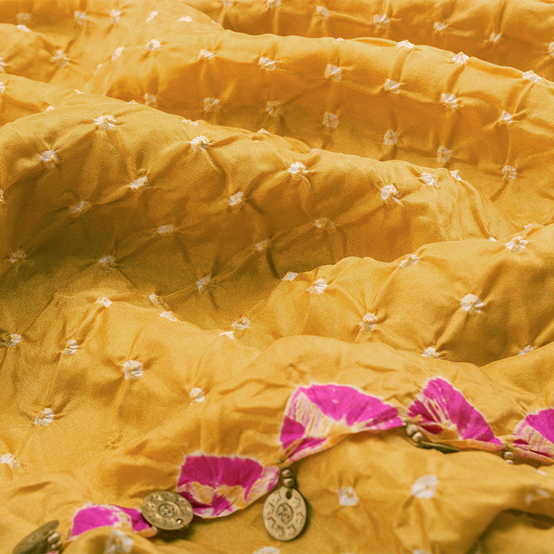 Mustard Hand Embroidered Bandhani Saree