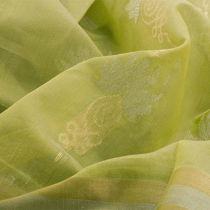 Handwoven Lime Green Royal Chanderi Silk Sari - WIIHSBHARIDNAM016 - Fabric View