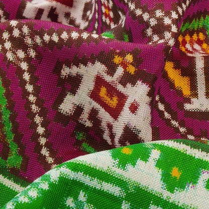 HANDWOVEN GREEN AND PINK 4 FIGURE DOUBLE IKAT PATAN PATOLA SILK SARI-WIITNKP025- Design View
