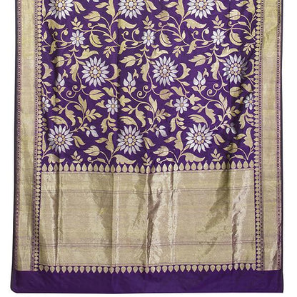 Handwoven Jamdani Banarasi Silk Sari with Floral Pattern-WIISHNIKARIDNAM0151 - Full View