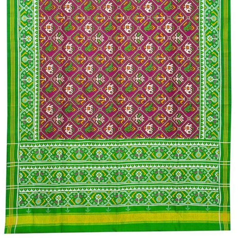 HANDWOVEN GREEN AND PINK 4 FIGURE DOUBLE IKAT PATAN PATOLA SILK SARI-WIITNKP025- Full View