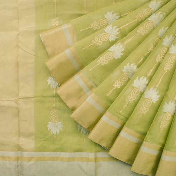 Handwoven Lime Green Royal Chanderi Silk Sari - WIIHSBHARIDNAM016 - Cover View