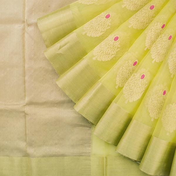 Handwoven Lime Green Chanderi Sari - WIIHSBHARIDNAM010B - Cover View