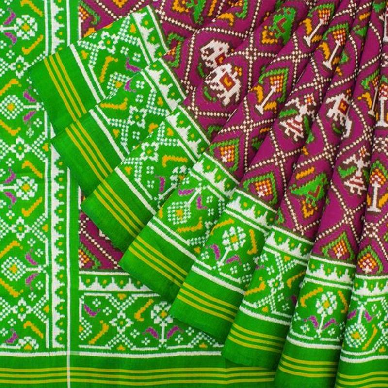 HANDWOVEN GREEN AND PINK 4 FIGURE DOUBLE IKAT PATAN PATOLA SILK SARI-WIITNKP025- Cover View