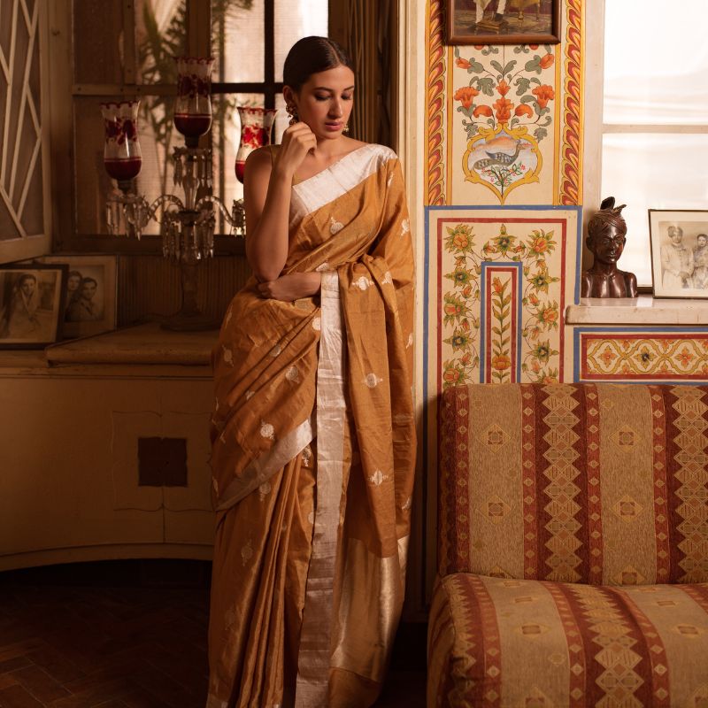 Sharmishtha - Gold Banrasi Saree with Silver Border